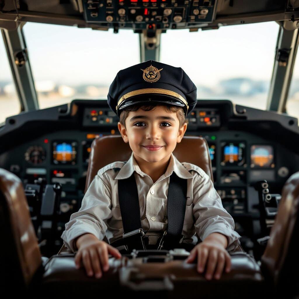 Boy Pilot in Vintage Cockpit: Realistic Portrait