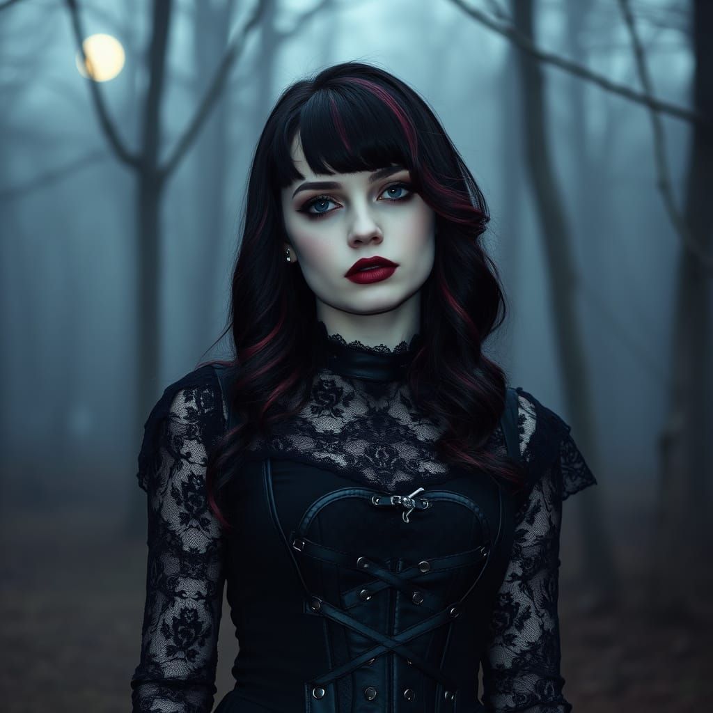 Goth Girl in Moonlit Forest: High-Fashion Photography