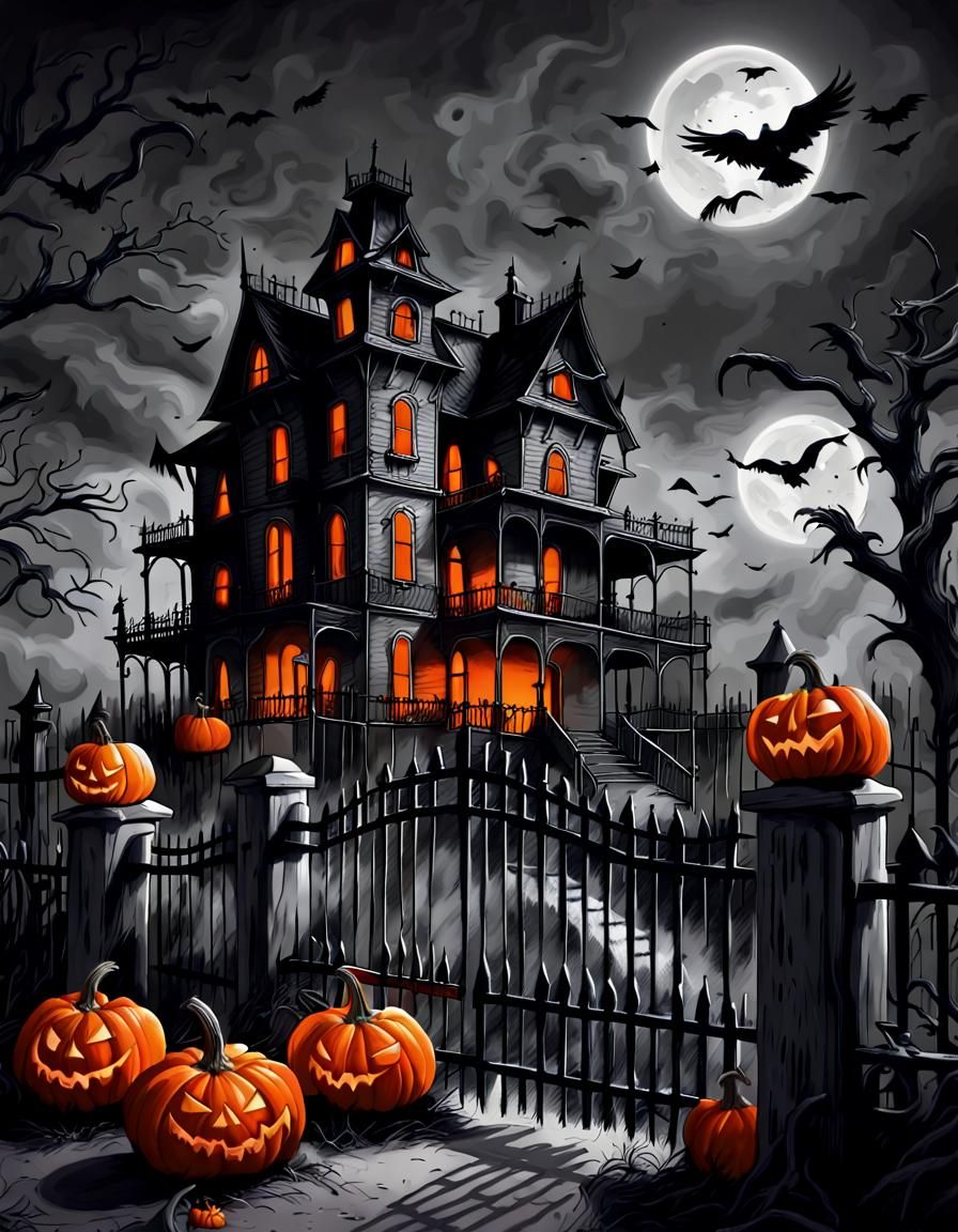 Spooky Haunted House Sketch with Pumpkins and Ravens