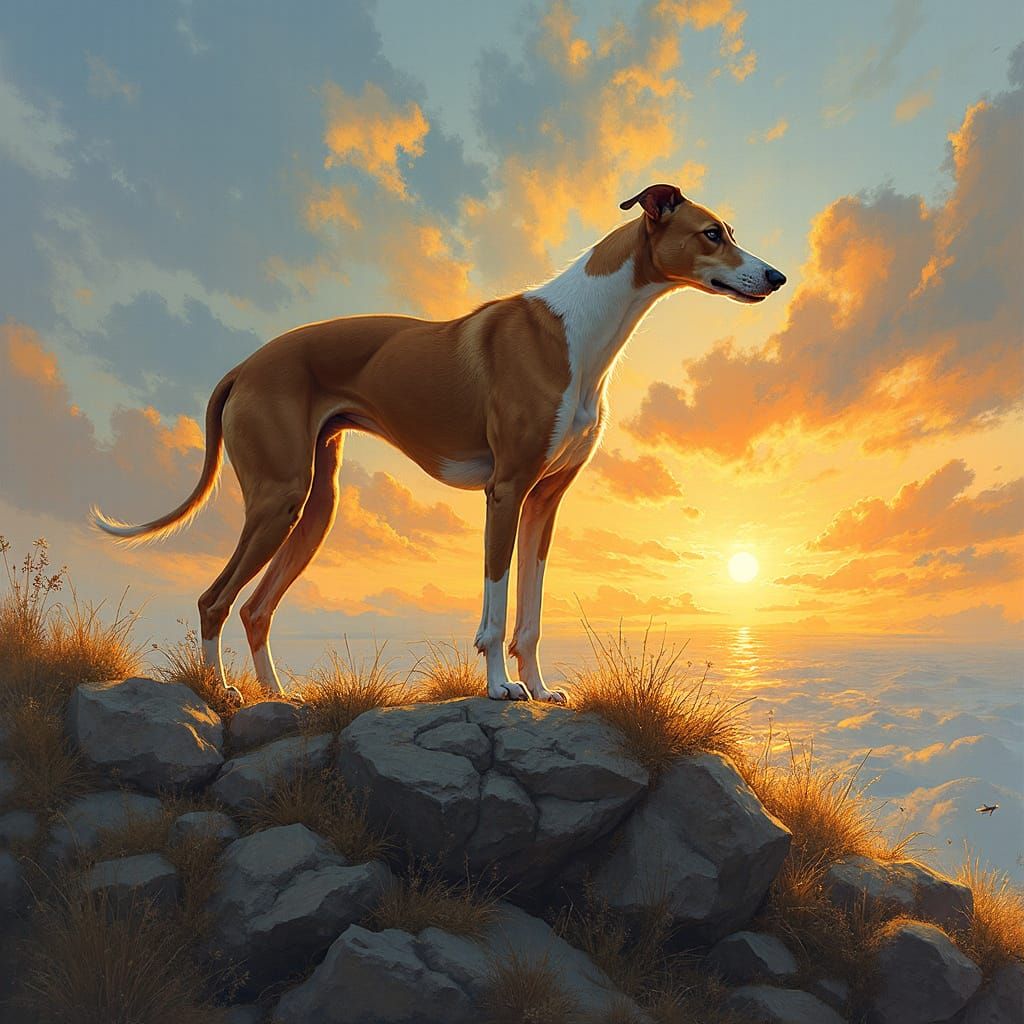 Majestic Greyhound in Golden Sunset Acrylic Painting