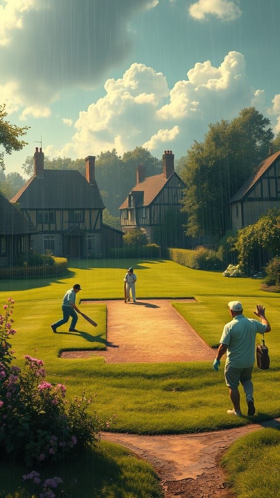 Cricket Match in Quaint Village, Detailed Matte Painting