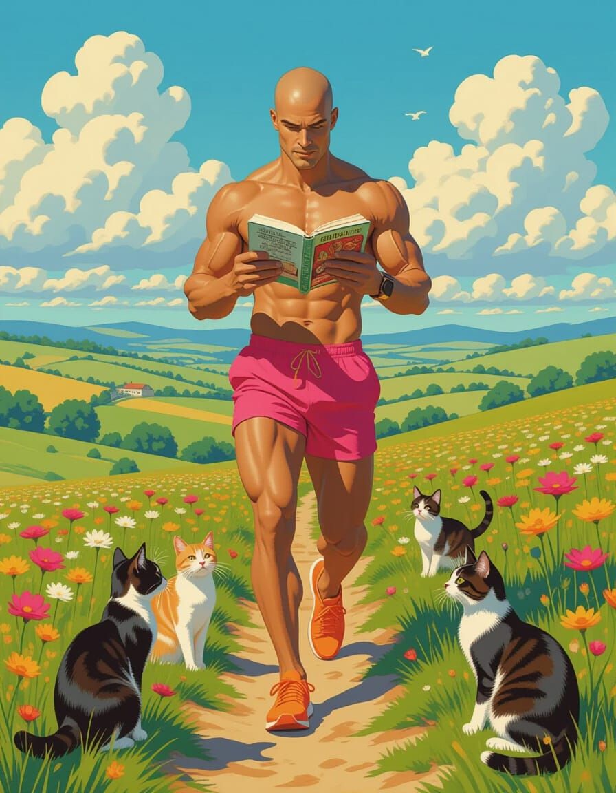 Bald Man Jogging in Countryside, 80s Romance Style