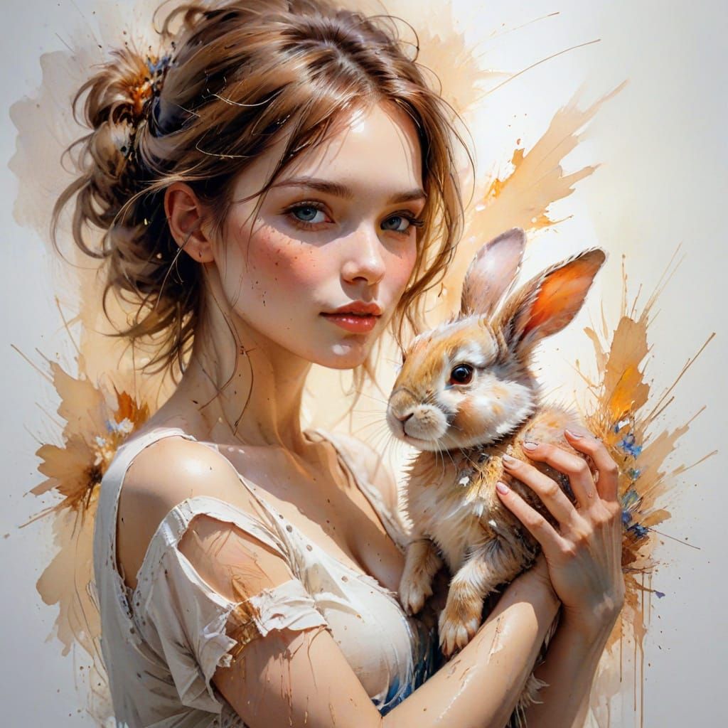 Cute Woman Poses With Rabbit in Ethereal Watercolor Style