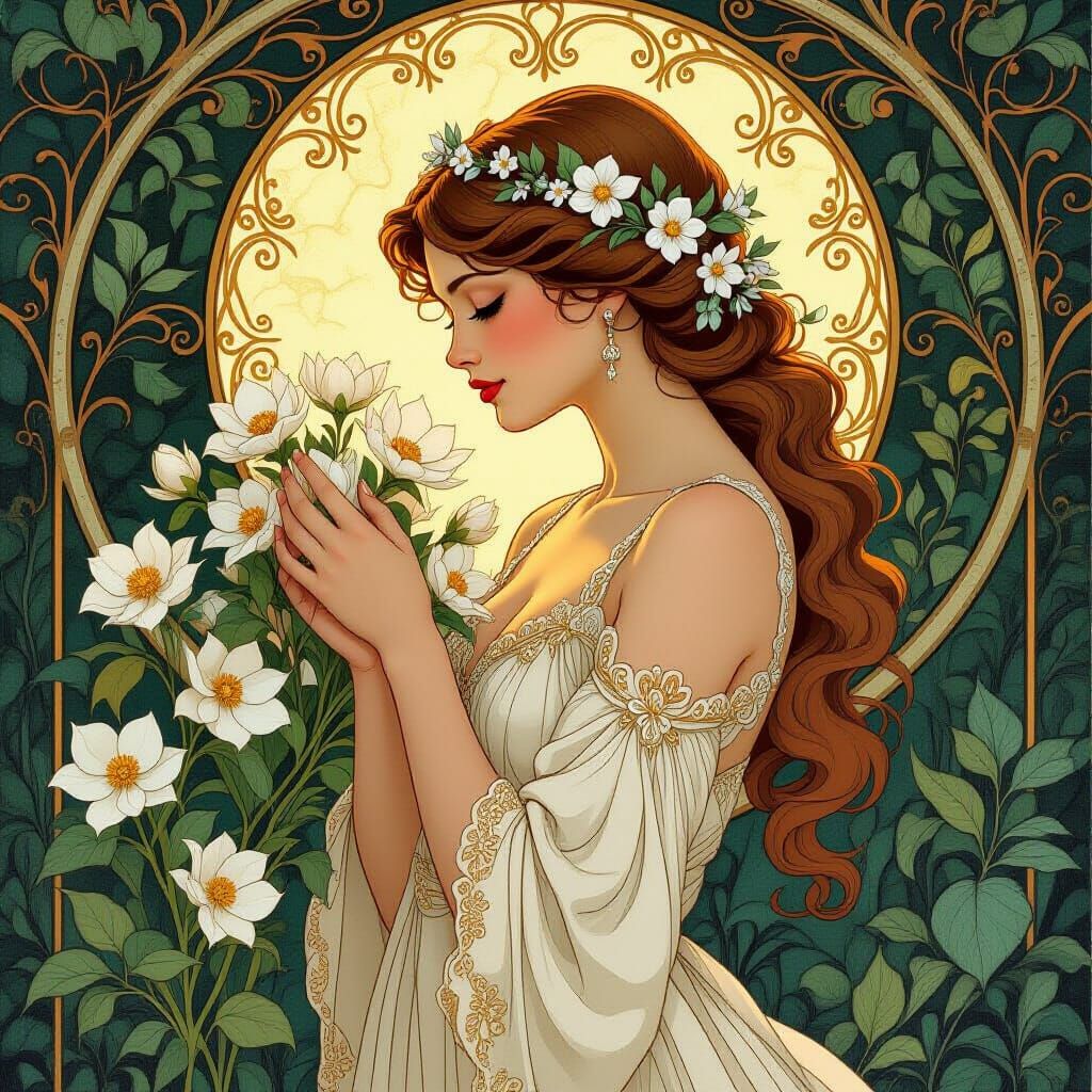 Ethereal Maiden in a Magical Forest, Art Nouveau Style