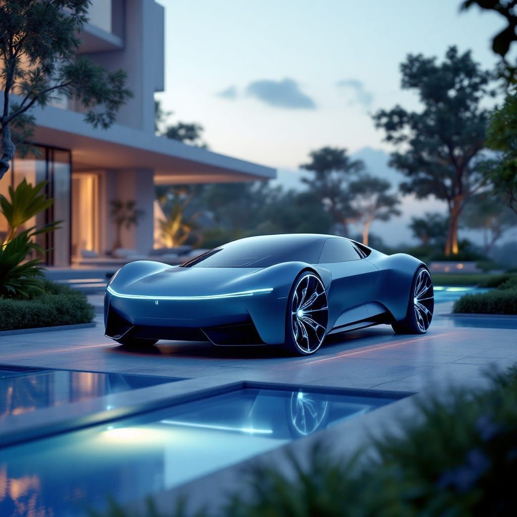Futuristic Electric Concept Car in a High-Tech Urban Oasis