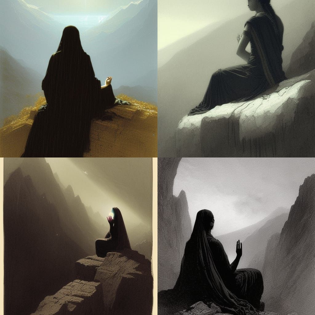 Meditating Woman in Saree: Dark Engraving Style