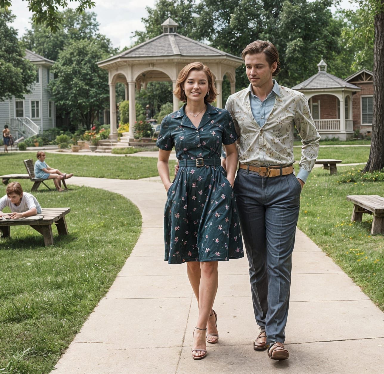 1950s Suburban Park Scene on Spring Afternoon