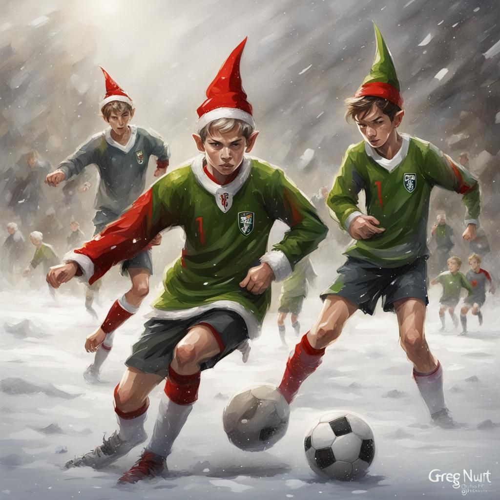 Elf Youth Soccer Team in Snowy Game, Splash Art