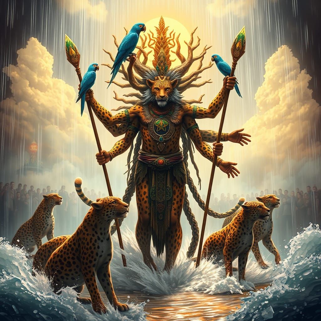 Leopard Shaman in Flooded City, Miyazaki-Giger-Dali Style