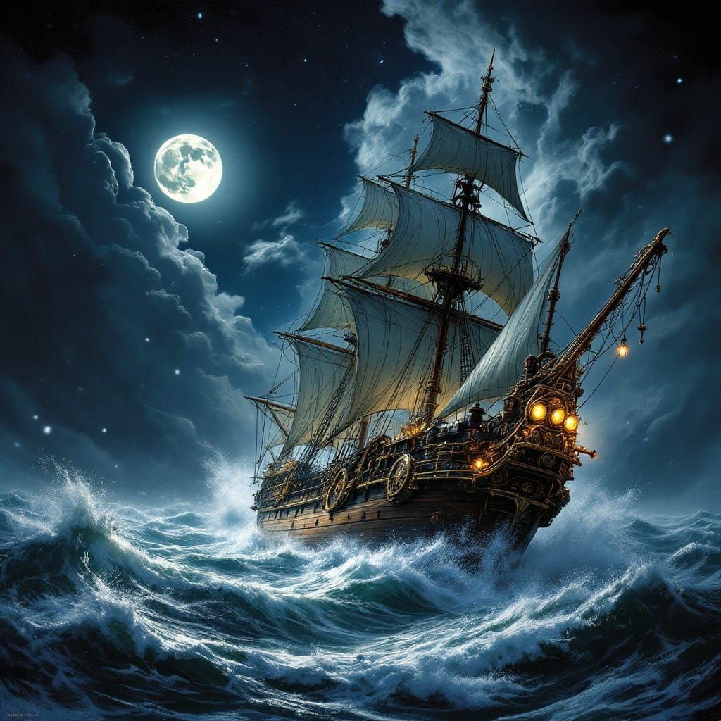 Moonlit Tall Ship Bravely Navigates Winter Storm in Industri...