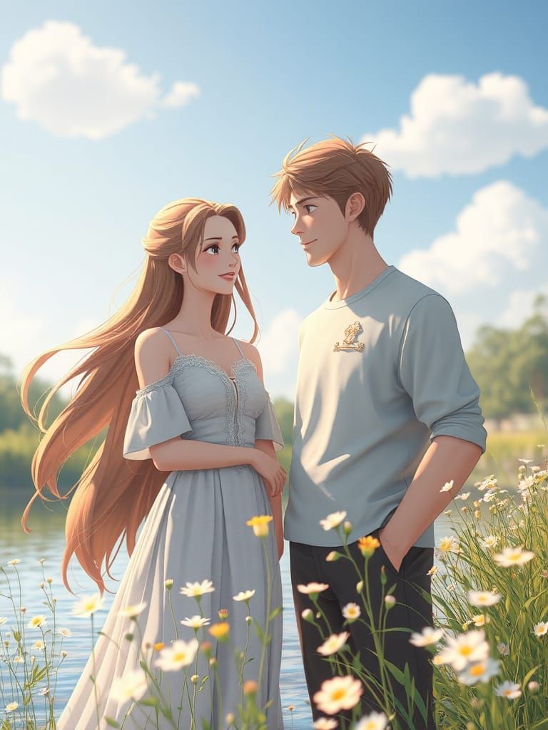 Charming Couple Conversing on Riverbank in Anime Style