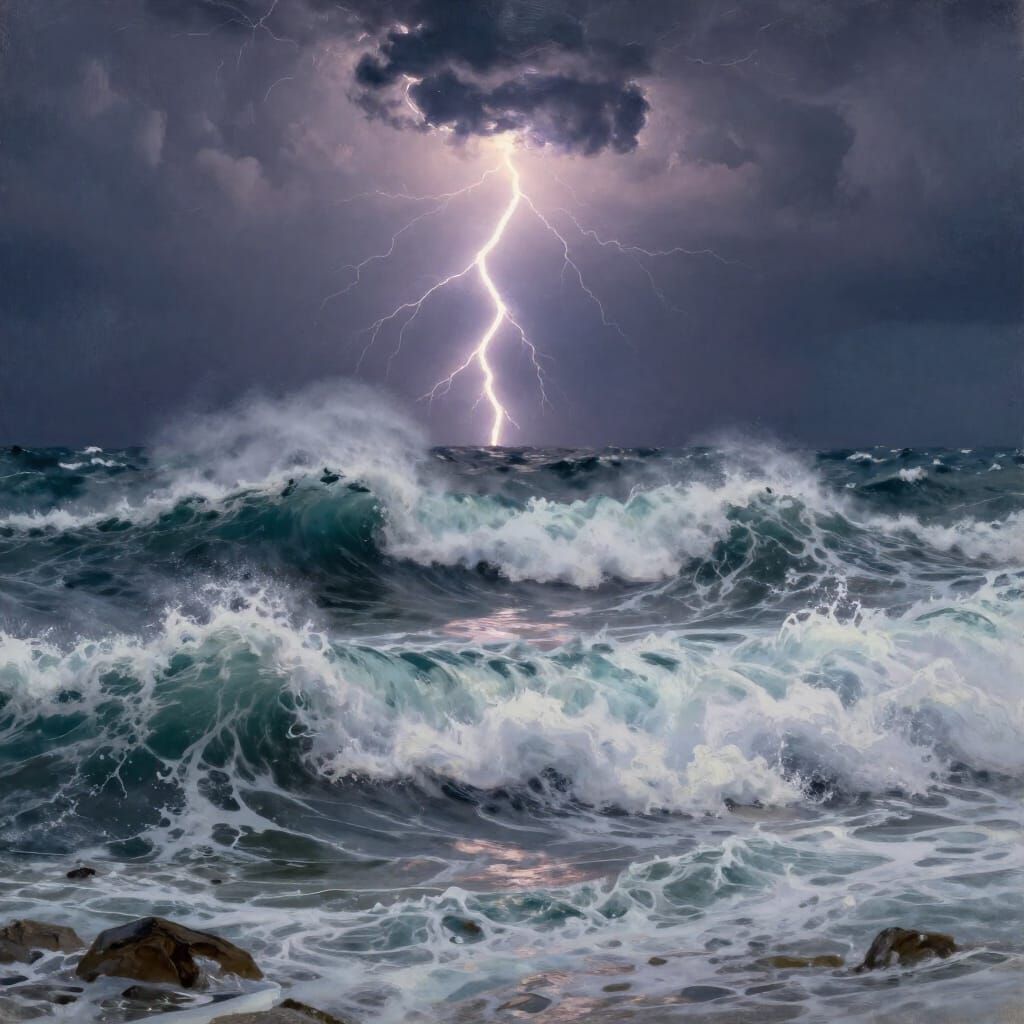 Dramatic Seascape: Stormy Ocean and Lightning Strikes