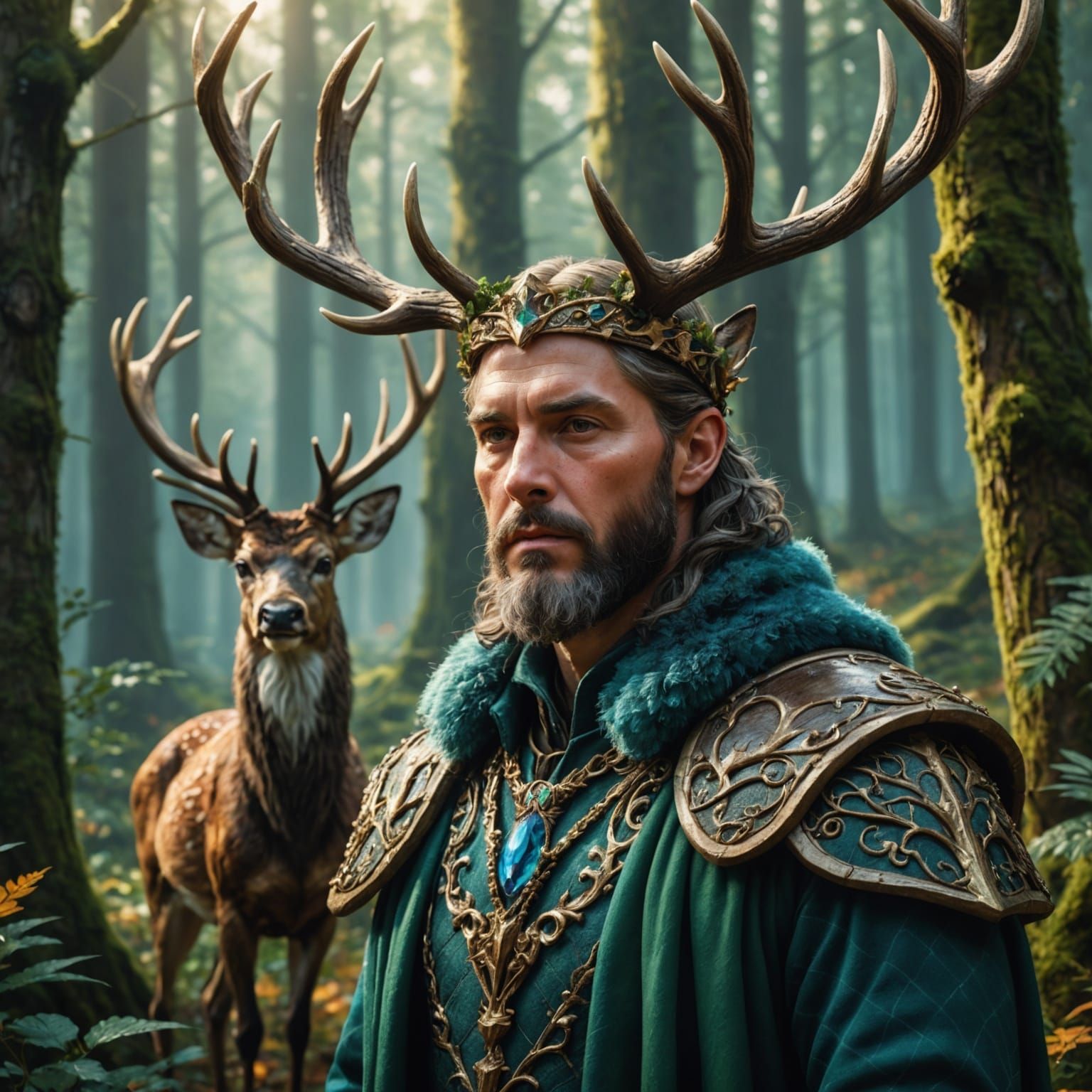 Fairy-tale King with Antlers in Magical Forest