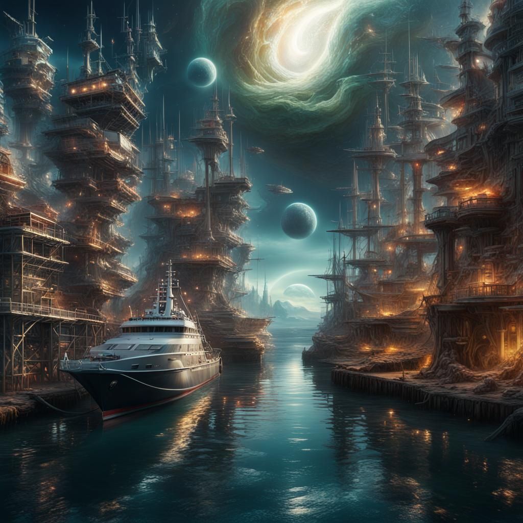 Cosmic Plastic Harbor: Digital Matte Painting