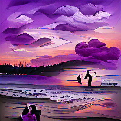 Couple Watching Purple Sunset on Beach