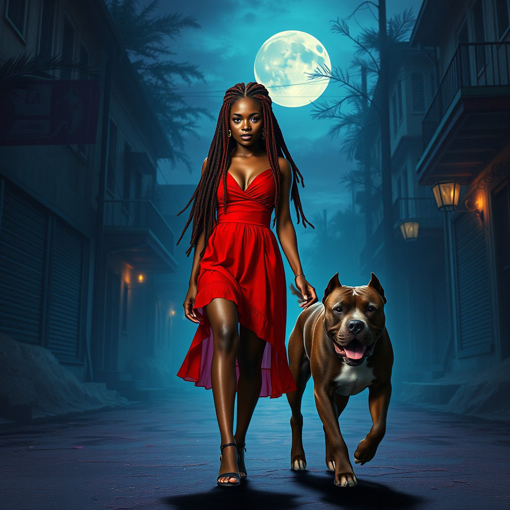 Woman and Pitbull Stroll on Moonlit Street