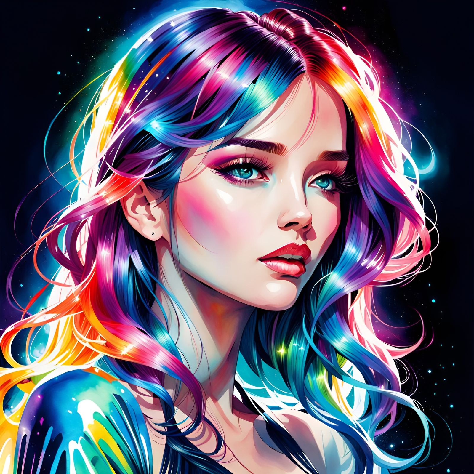 Radiant Woman with Bioluminescent Hair: Watercolor Art