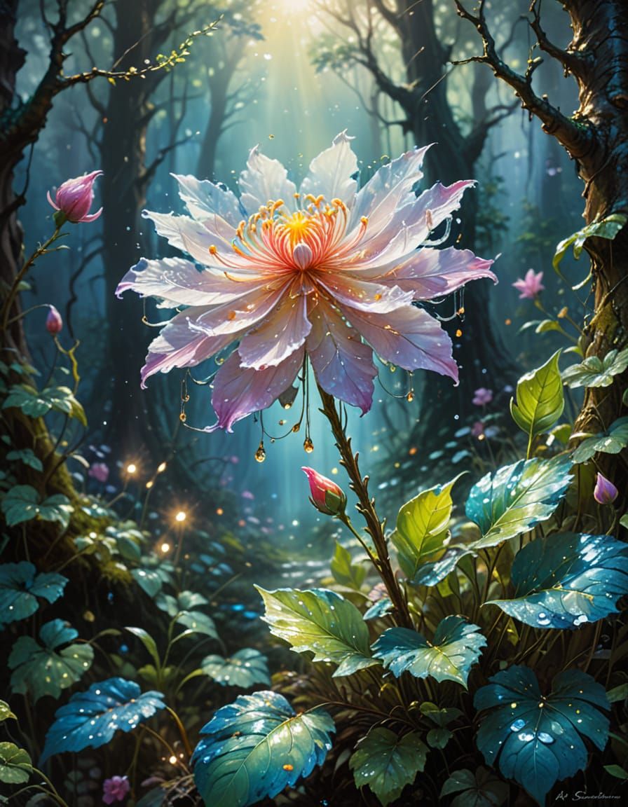 Magical Flower in Enchanted Forest Oil Painting