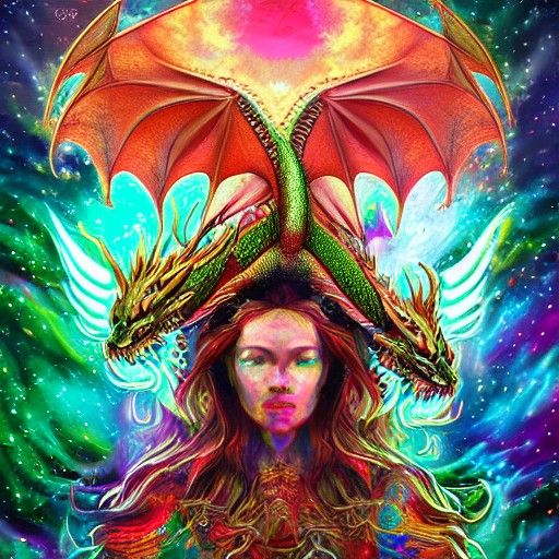 Holographic Astral Dragon Illustration in Cosmic Mixed Media