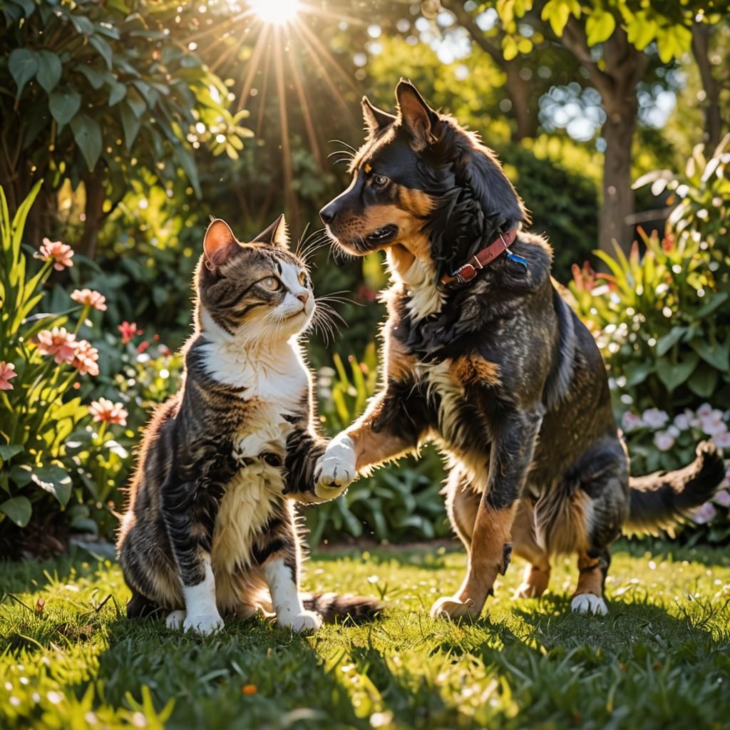 Playful Cat and Dog in Sunny Garden
