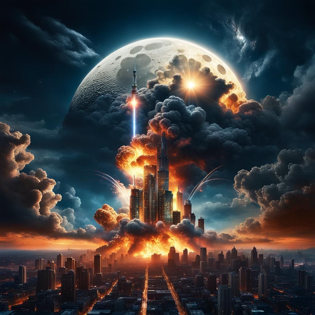 Exploding Moon Over City: Digital Matte Painting