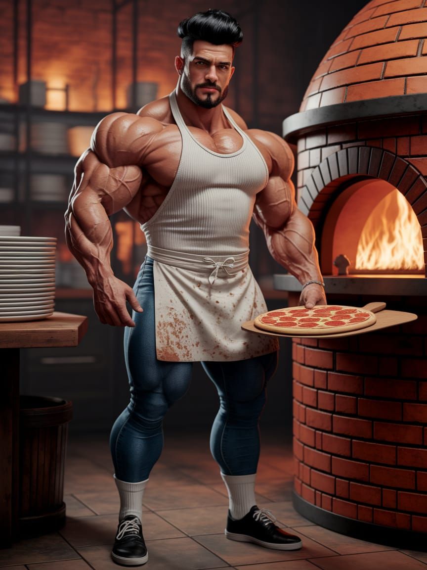 Ultra-Muscular Chef Proudly Presents Pepperoni Pizza