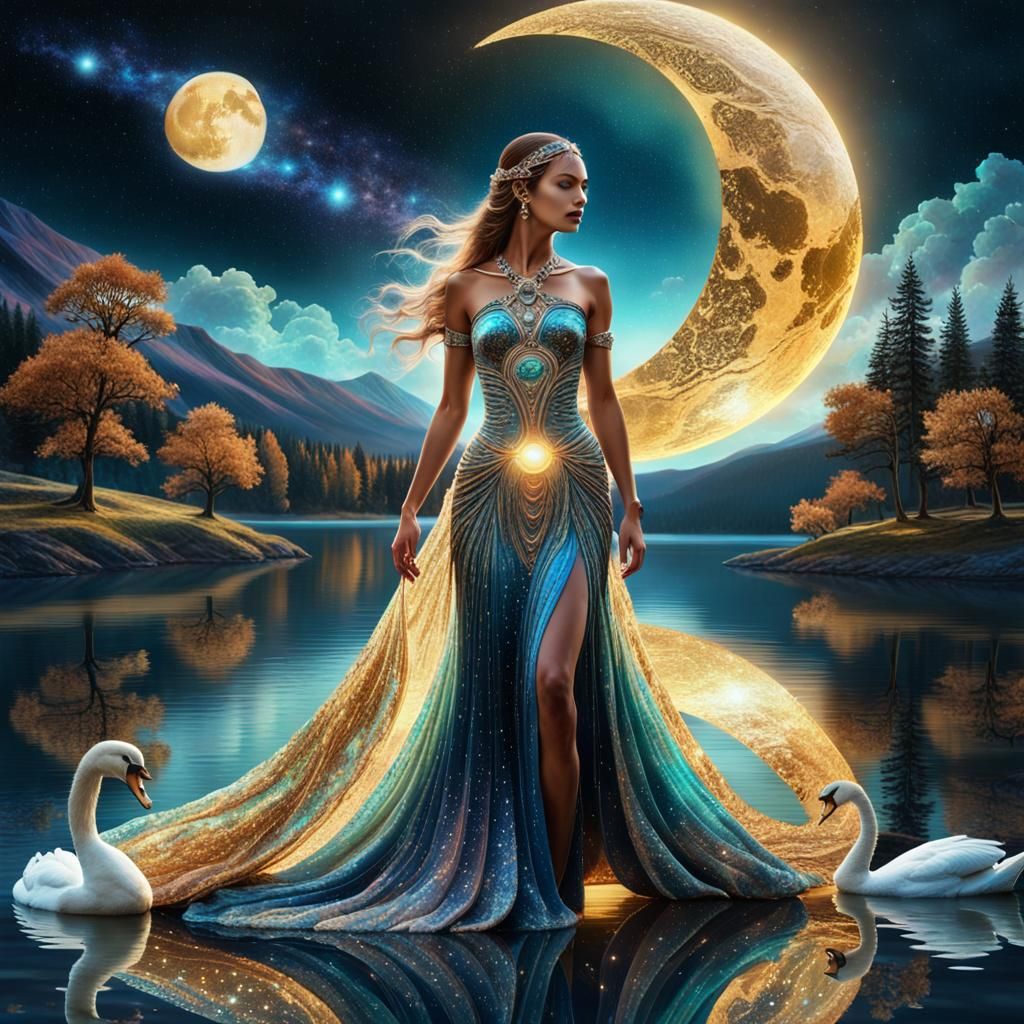 Woman in Gown Under Astral Sky, Holographic Illustration