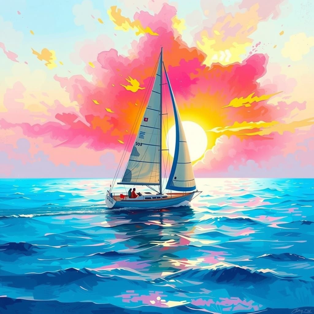 Sailboat Sails Across Turquoise Waters Under Vibrant Sunset