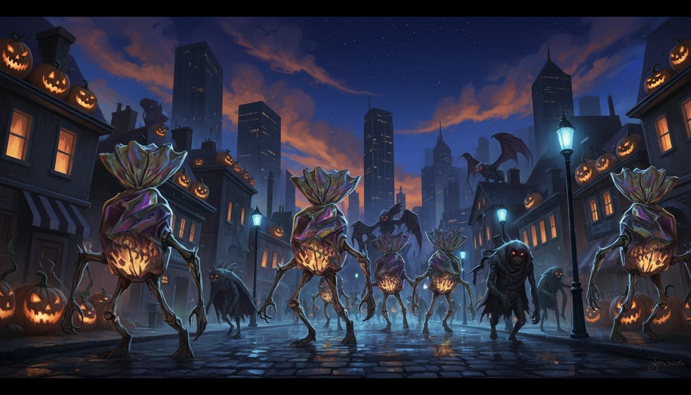 Halloween Nightscape with Jack-o'-Lanterns and Monster Parad...