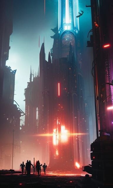 Cyberpunk Cathedral Under Attack by Plasma Beam