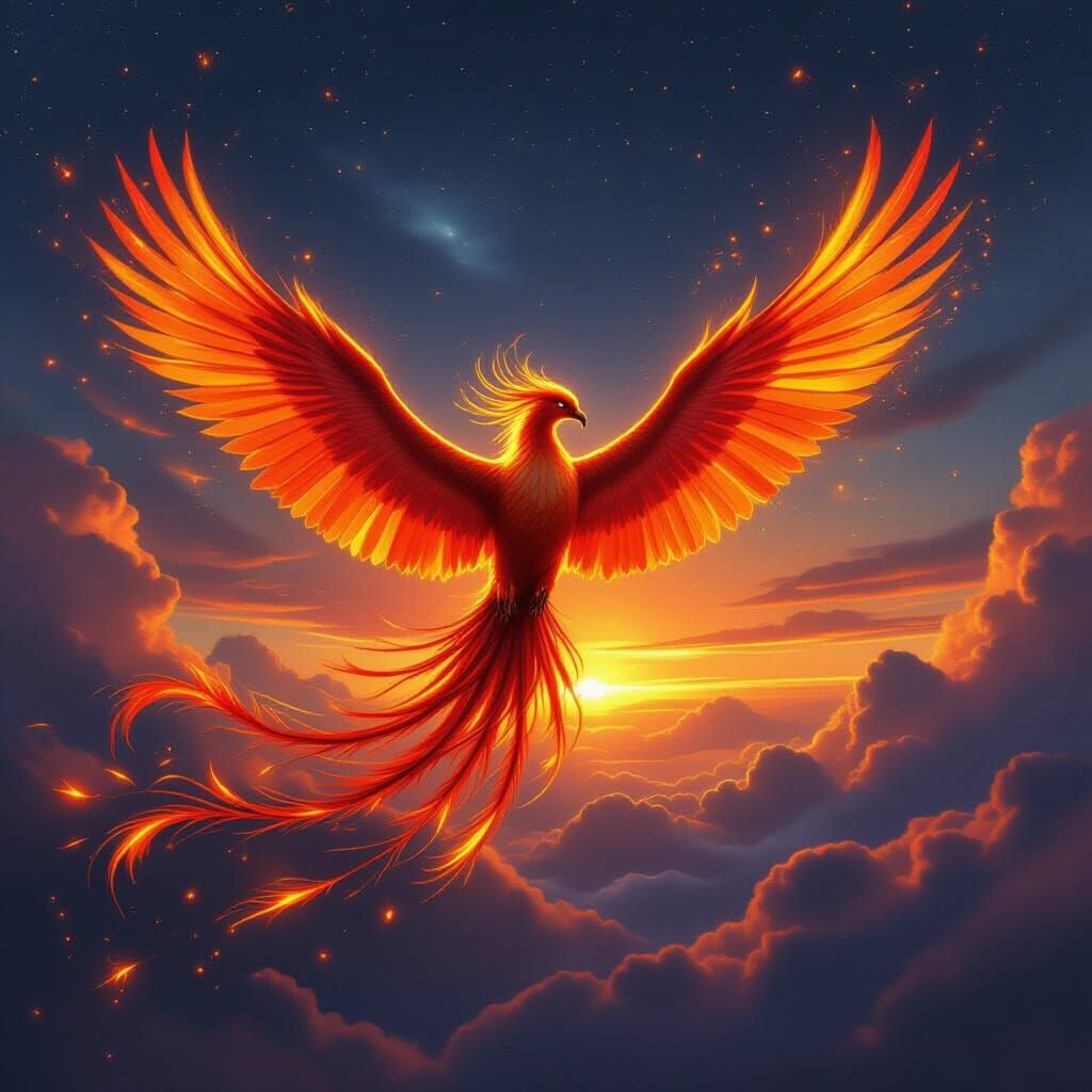 Majestic Fiery Phoenix Soars in Celestial Sky