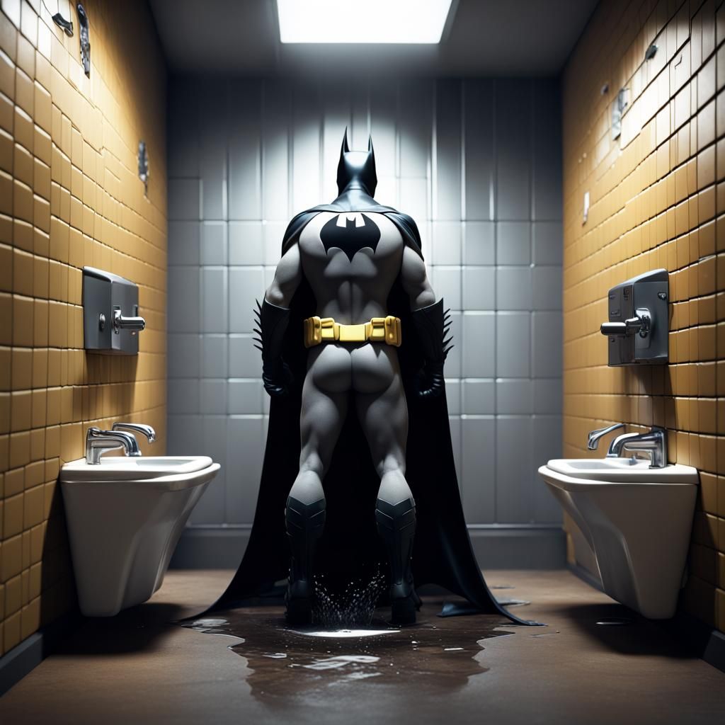 Hyperrealistic Batman at Urinal: Detailed Matte Painting