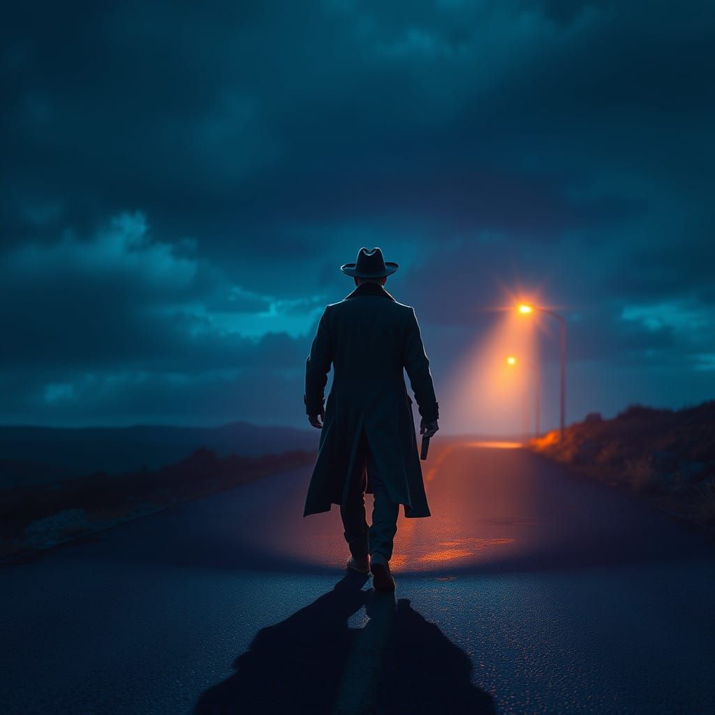 Man Walking Home Under Distant Street Light in a High-Fantas...