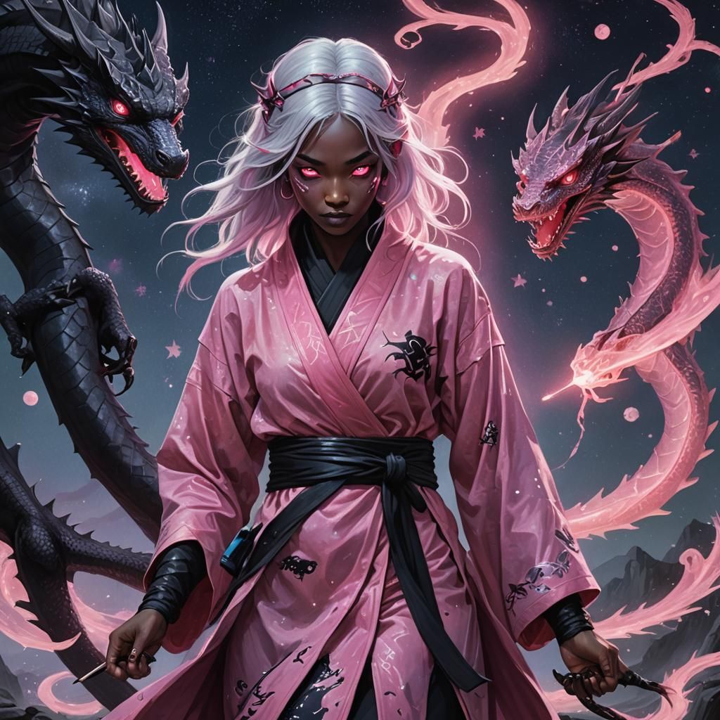 Drow Girl on Dragon, Matte Painting in Art Nouveau Style