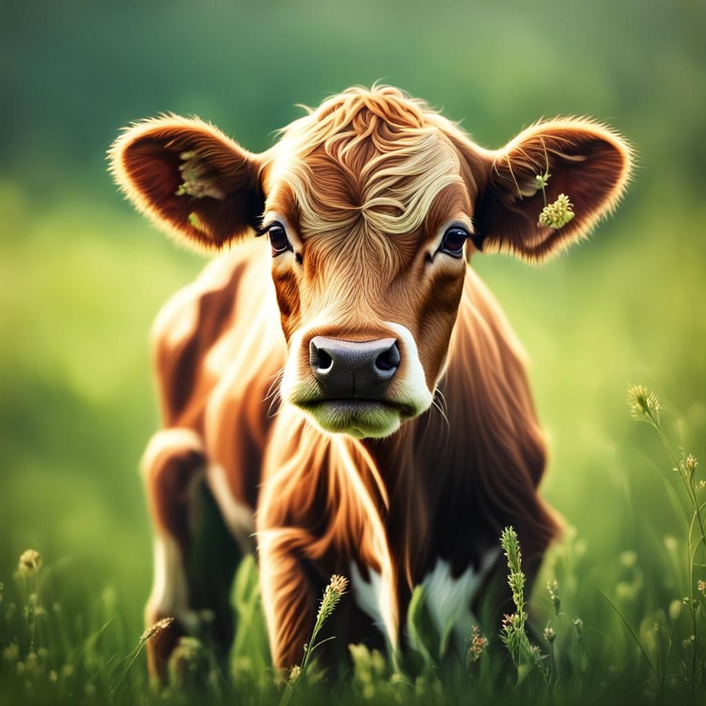 Cute Calf in Green Pasture: 4K Professional Photography