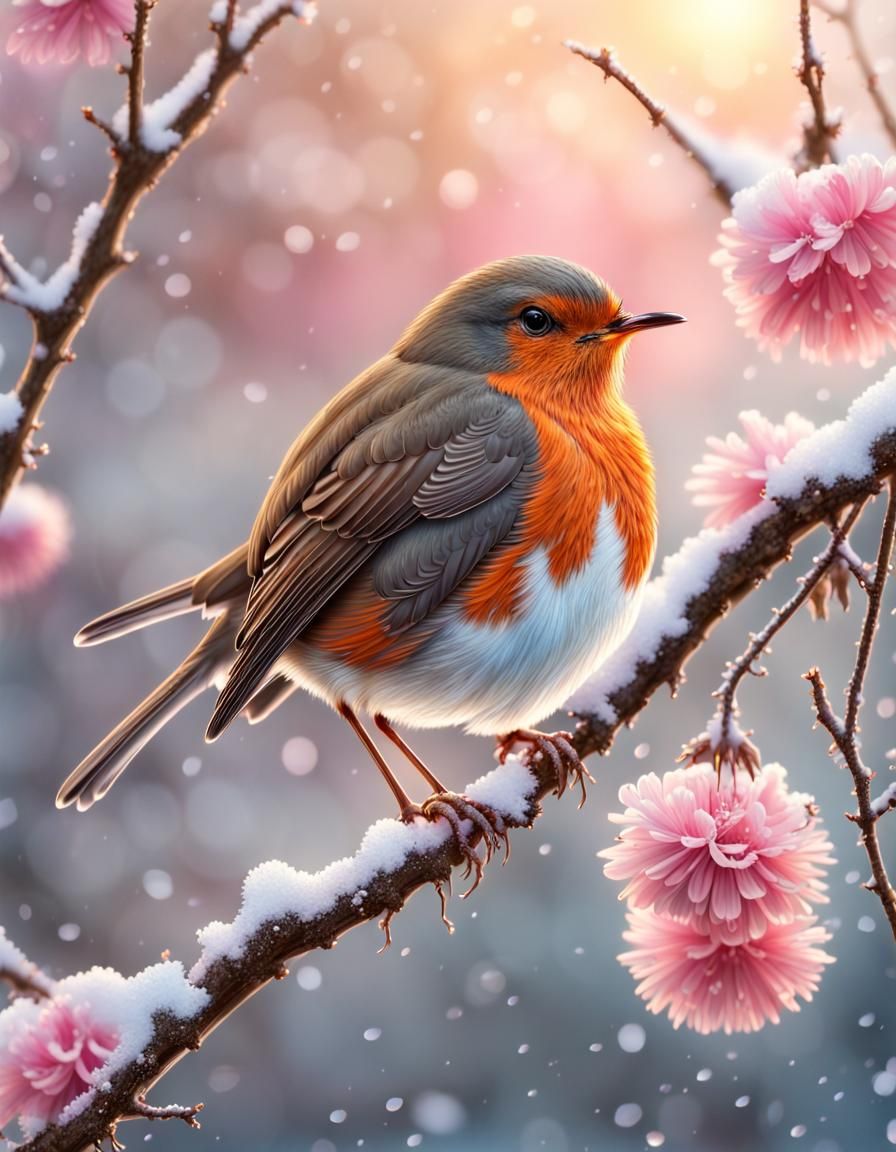 Hyper-Fluffy Robin with Pink Flowers at Sunrise