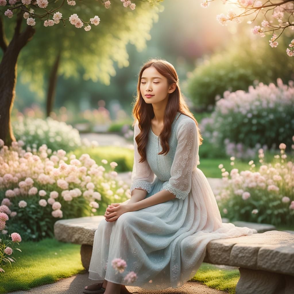 Serene Morning Garden with Woman in Soft Focus