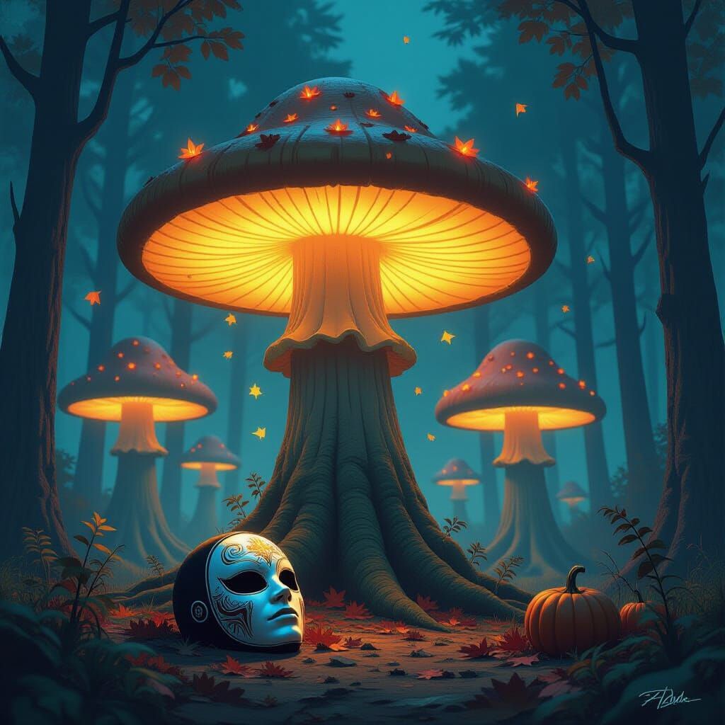 Surreal Bioluminescent Mushroom Forest With Luchador Mask