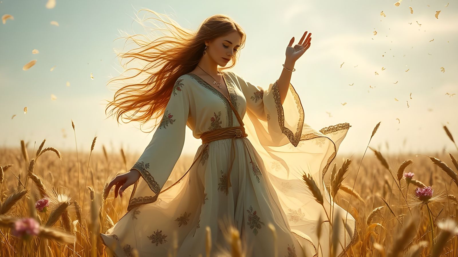 Triumphant Woman Dancing in Wheat Field