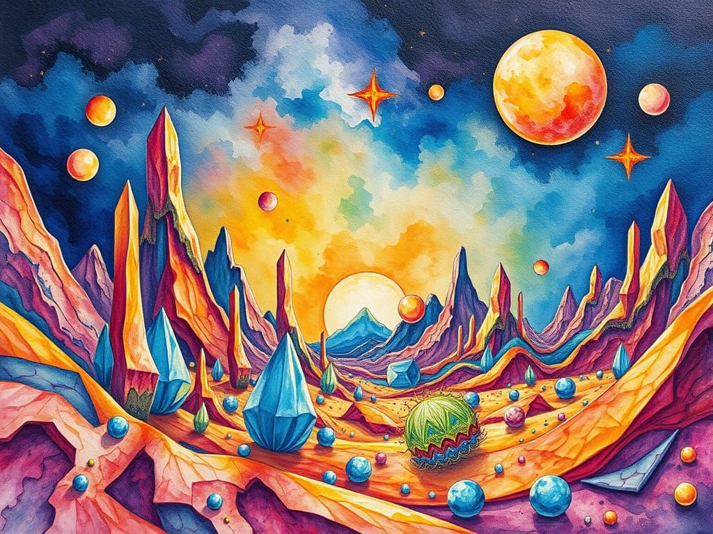 Surreal Alien Landscape with Fractal Forms and Crystals