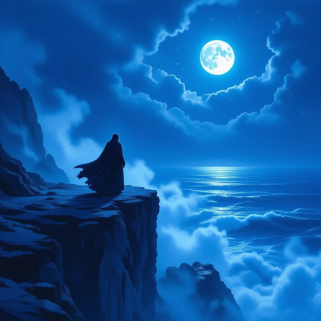 Solitary Figure on Cliff Overlooking Starlit Ocean in Concep...