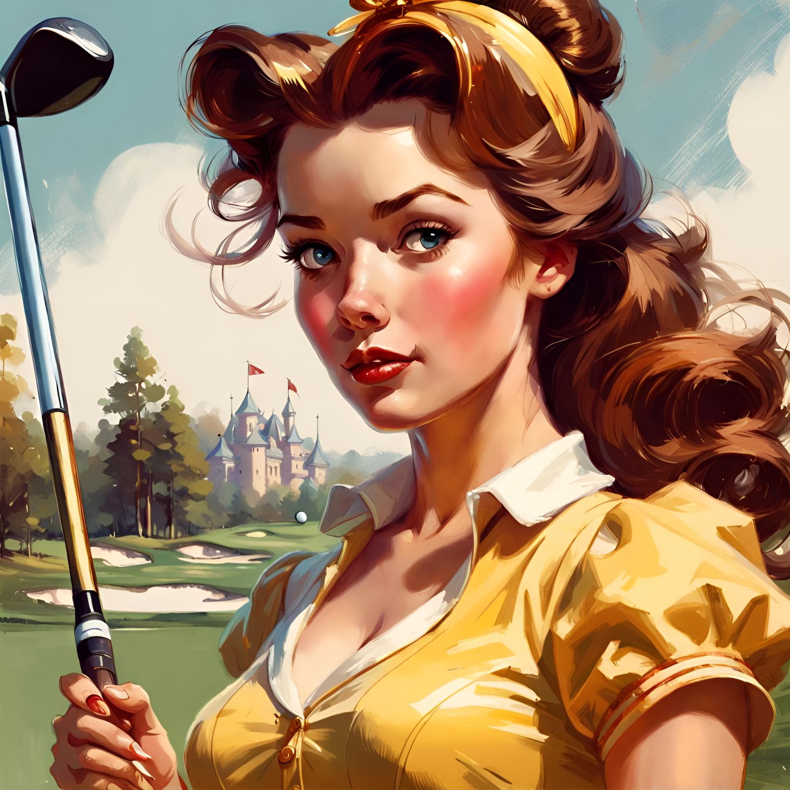 Princess Belle Plays Golf: Digital Pin-Up Illustration