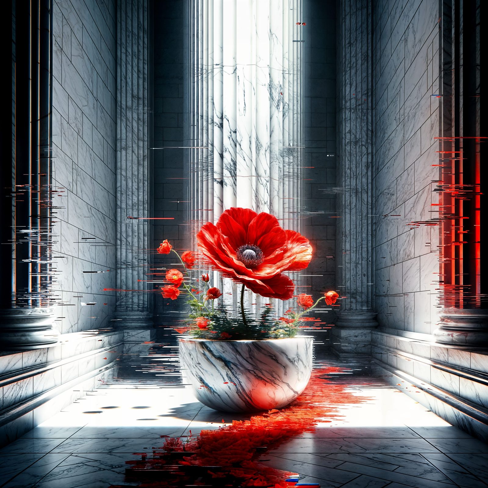 Glitch Art: Solitary Red Poppy in Marble Pot