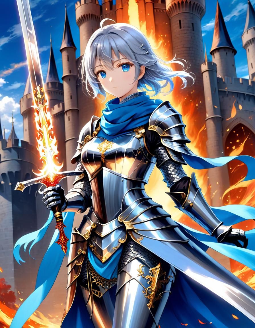 Anime Knight with Fiery Sword and Azure Armor