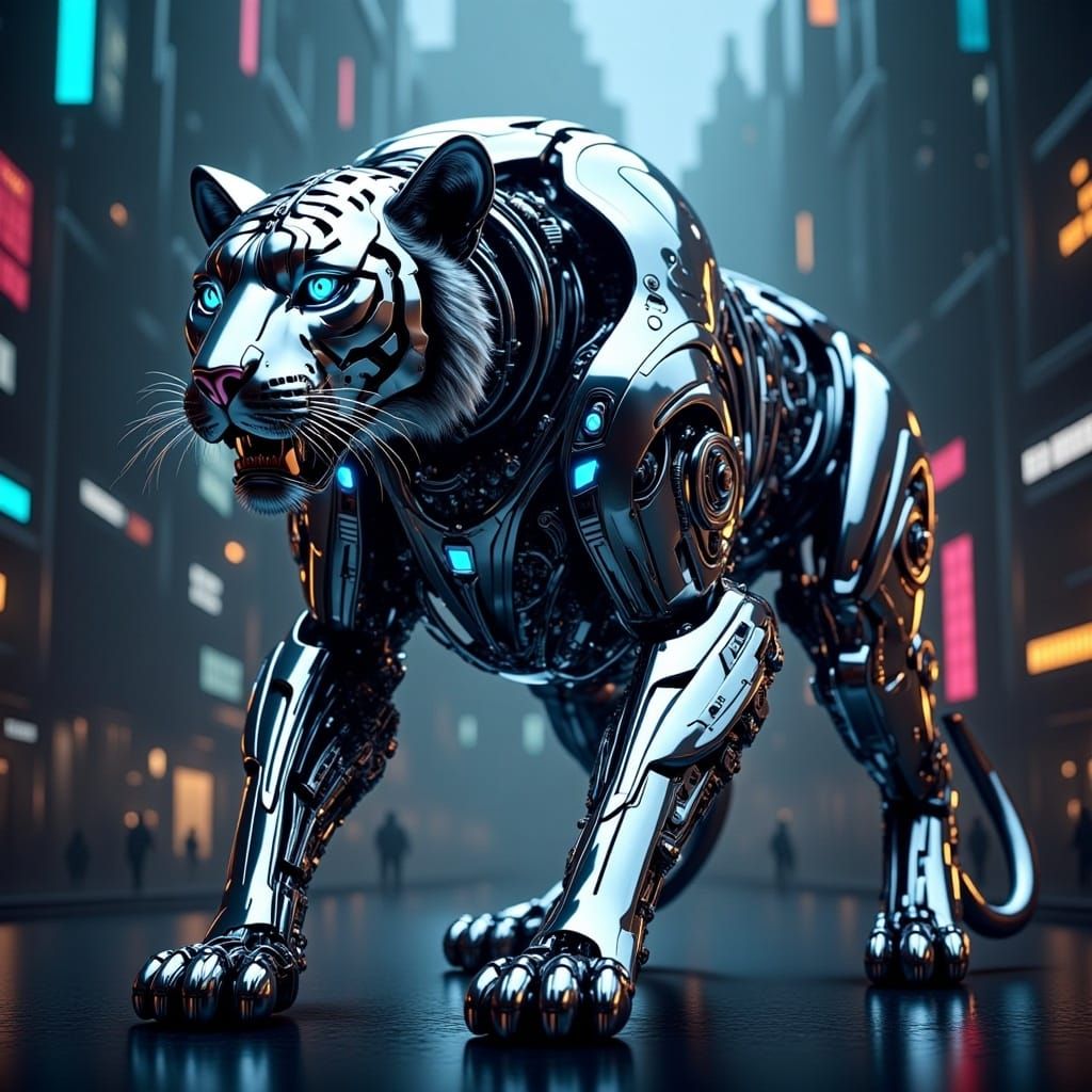 Cyborg Tiger in Gritty Cityscape with Neon Lights