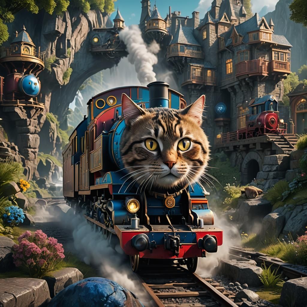 Thomas Train with Cat Head: Detailed Matte Painting