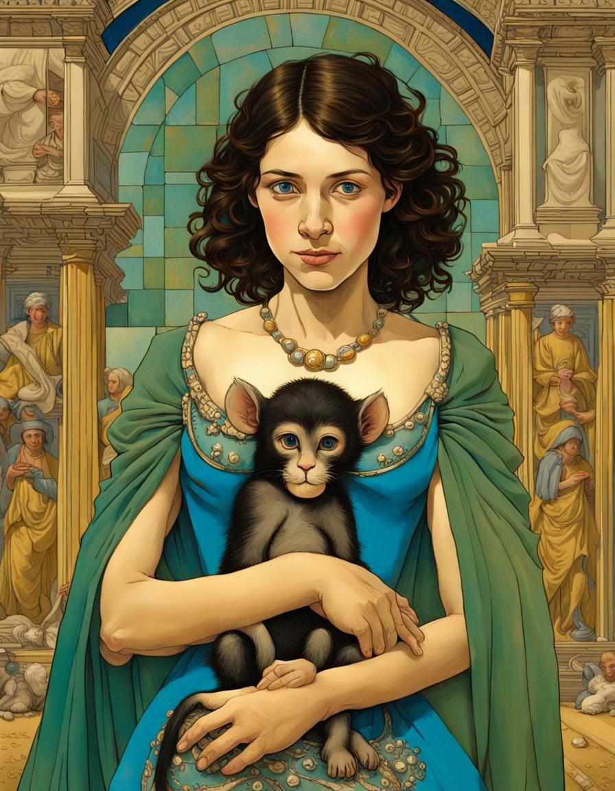 Medieval Sicilian Princess with Golden Monkey, Moebius Style