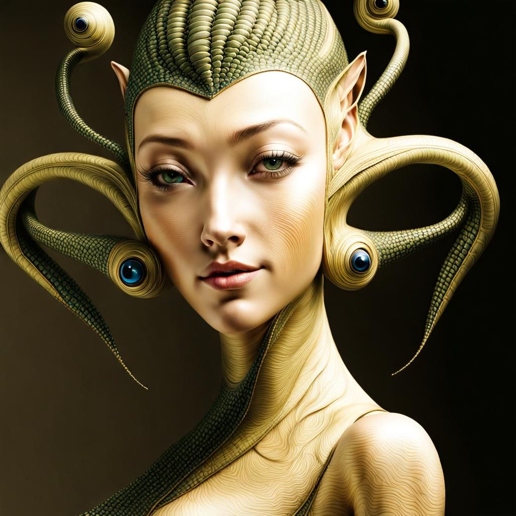 Photorealistic Aliens in Subdued Lighting: Detailed Portrait