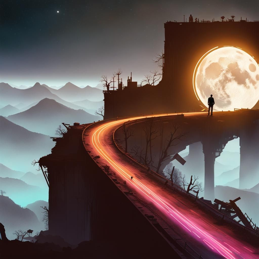 Neon Road in Apocalyptic Town Under Starry Sky