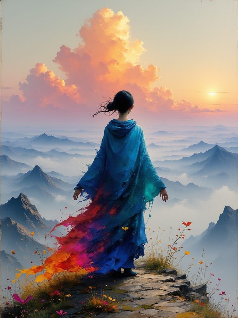 Ethereal Mountain Goddess in Vibrant Dreamscapes